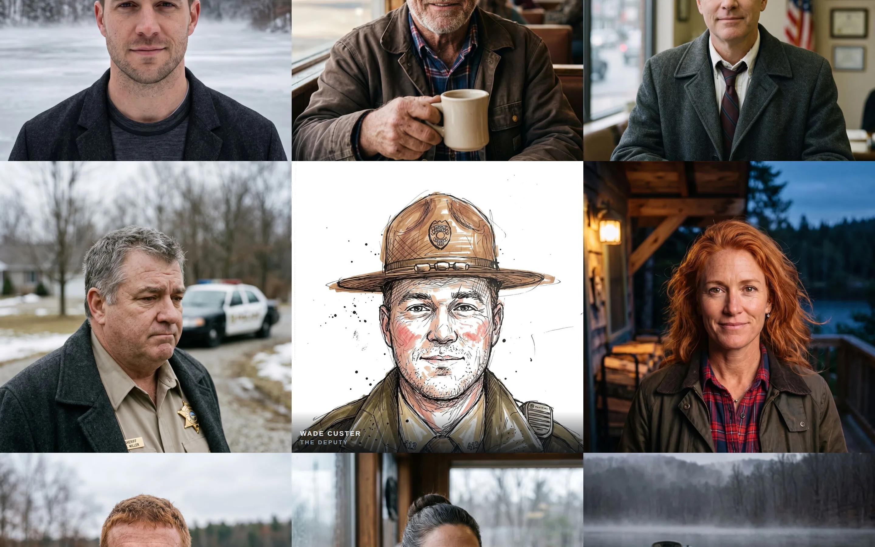 Characters of Deep Creek grid, photographic portraits mixed with dip-pen sketches