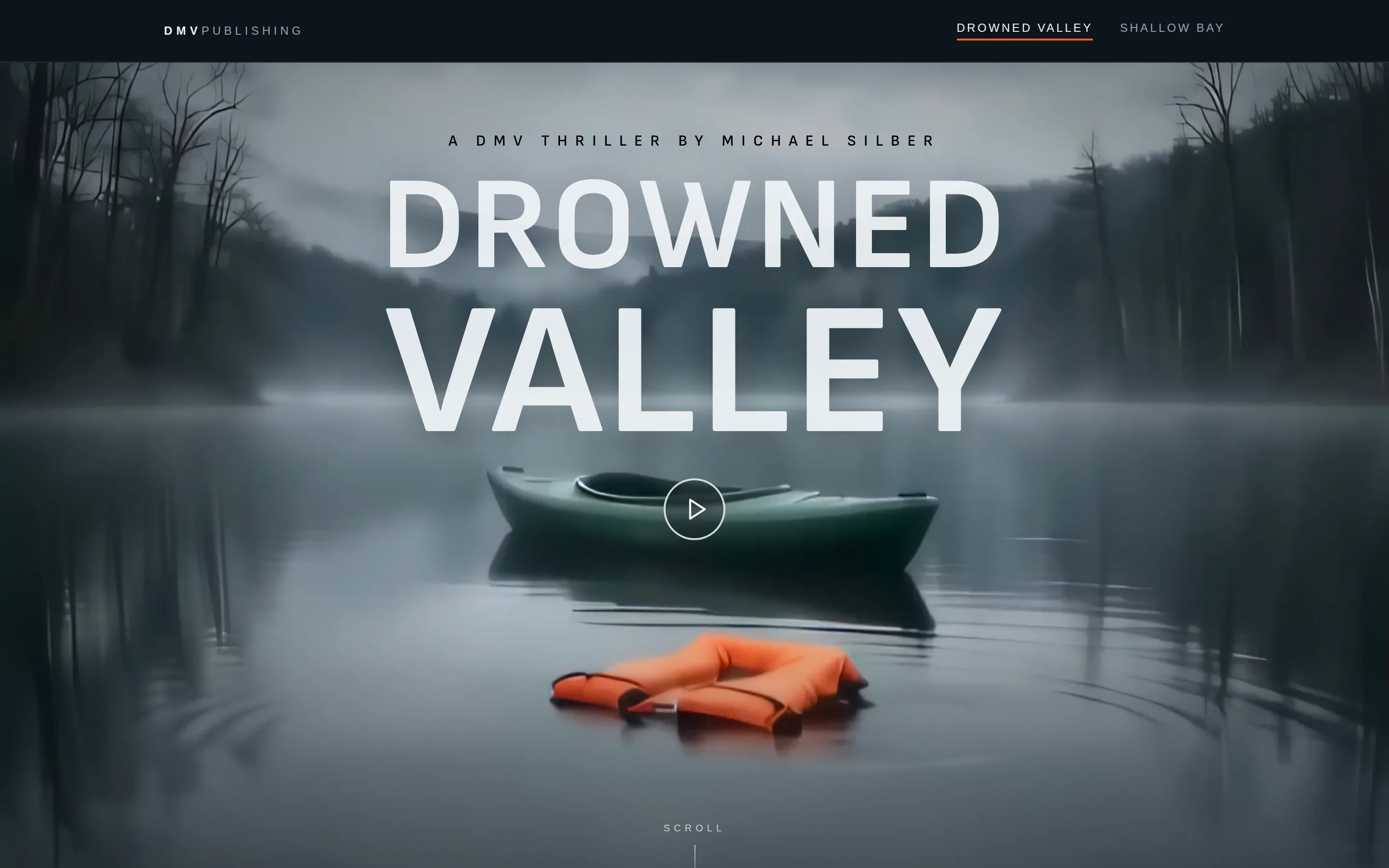 Drowned Valley launch page hero: an empty kayak and a drifting life vest on a fog-covered lake