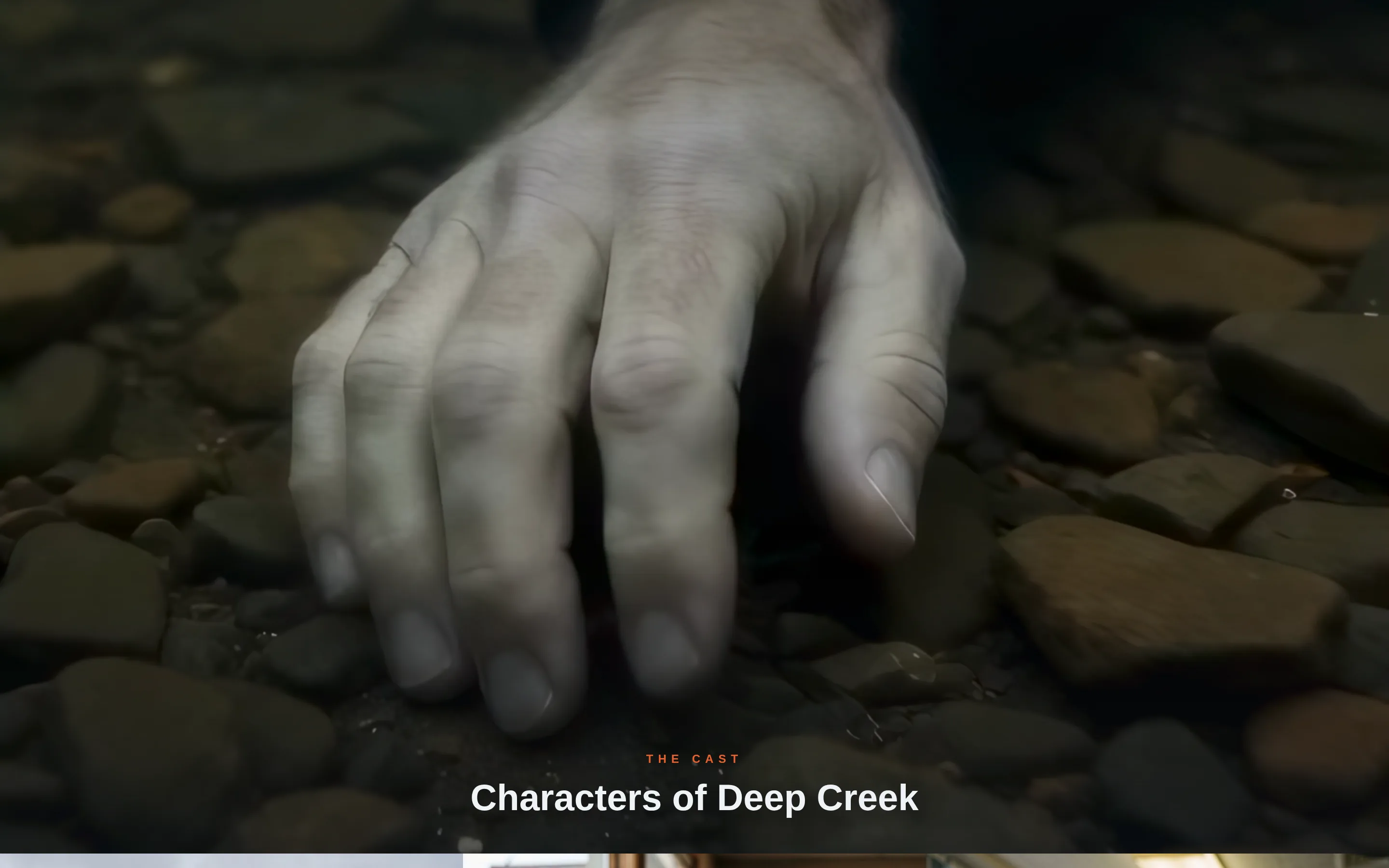 Scroll-scrubbed video frame: a hand on wet rocks, leading into the character section