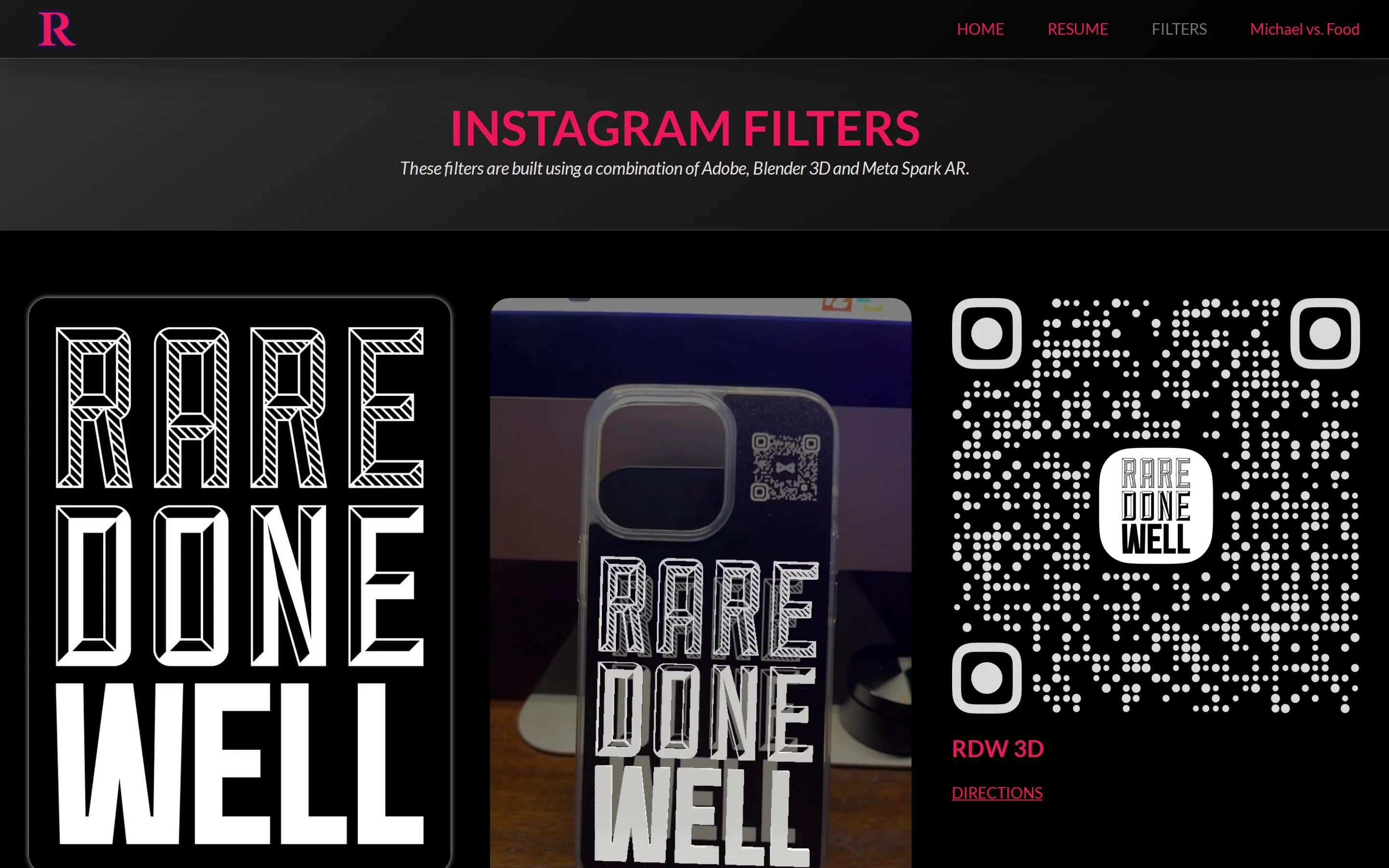 Instagram filter portfolio page with QR codes for each filter