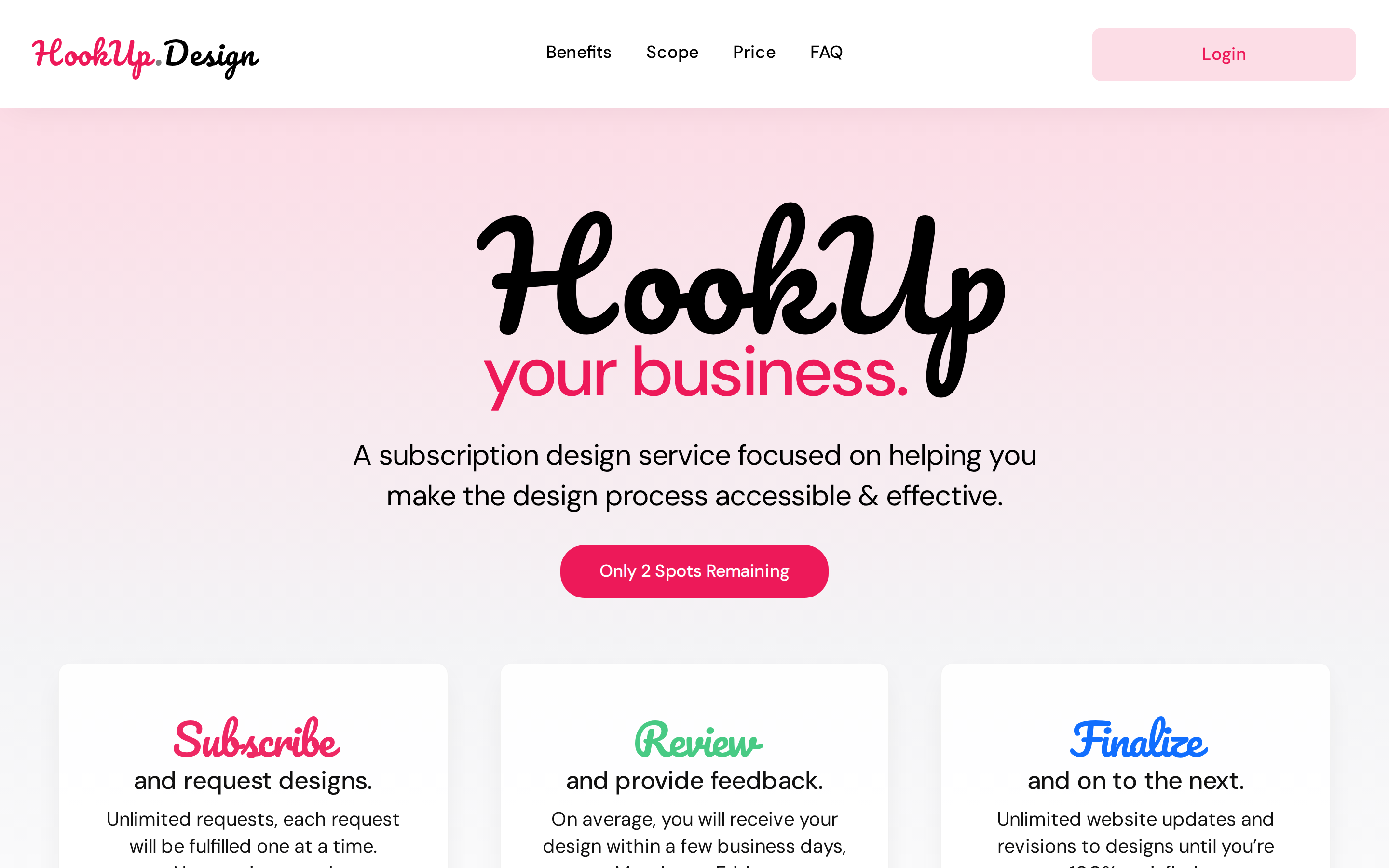 Hookup.Design home page showing the subscription model
