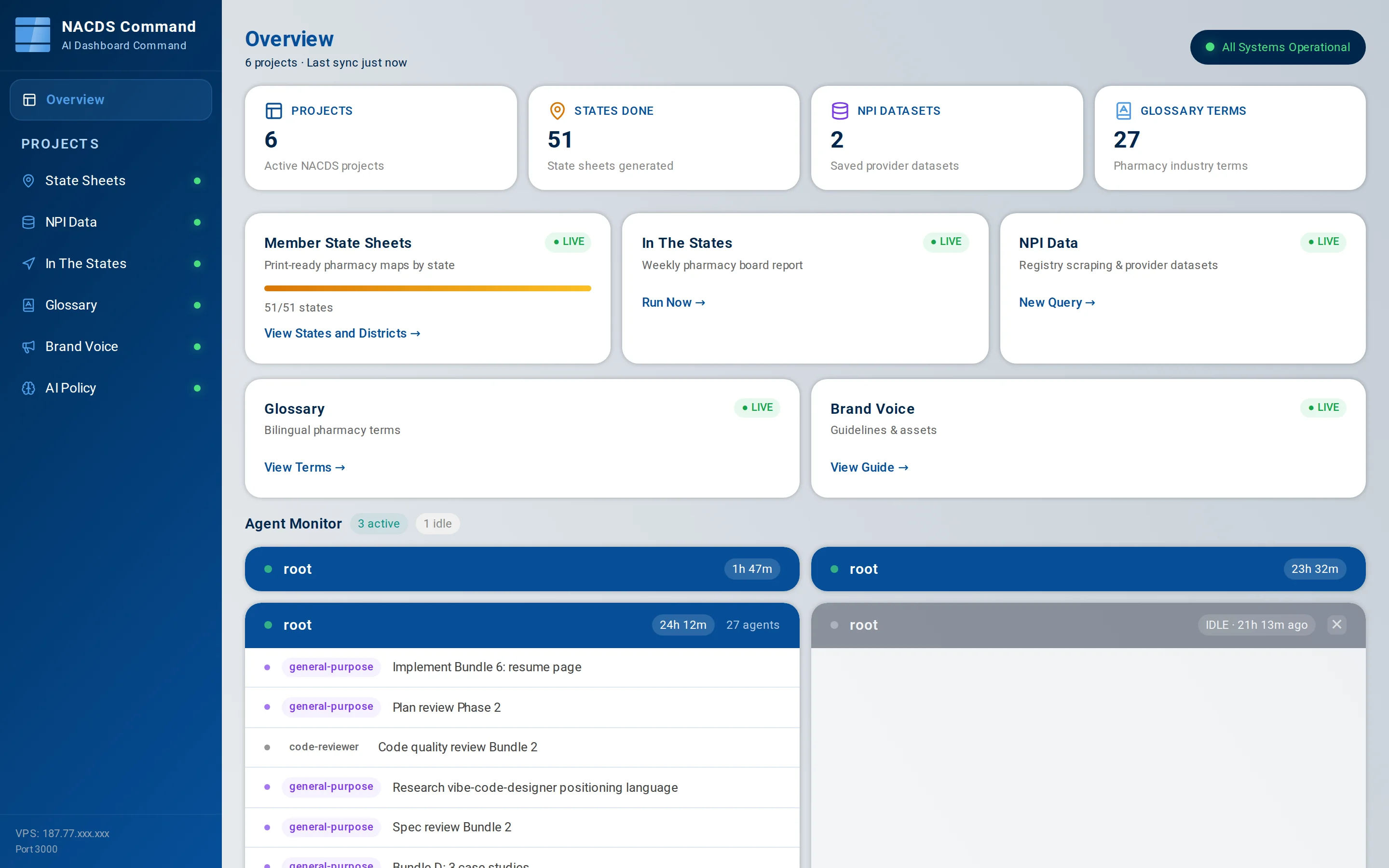 NACDS Command Center dashboard with sidebar of tools and status indicators