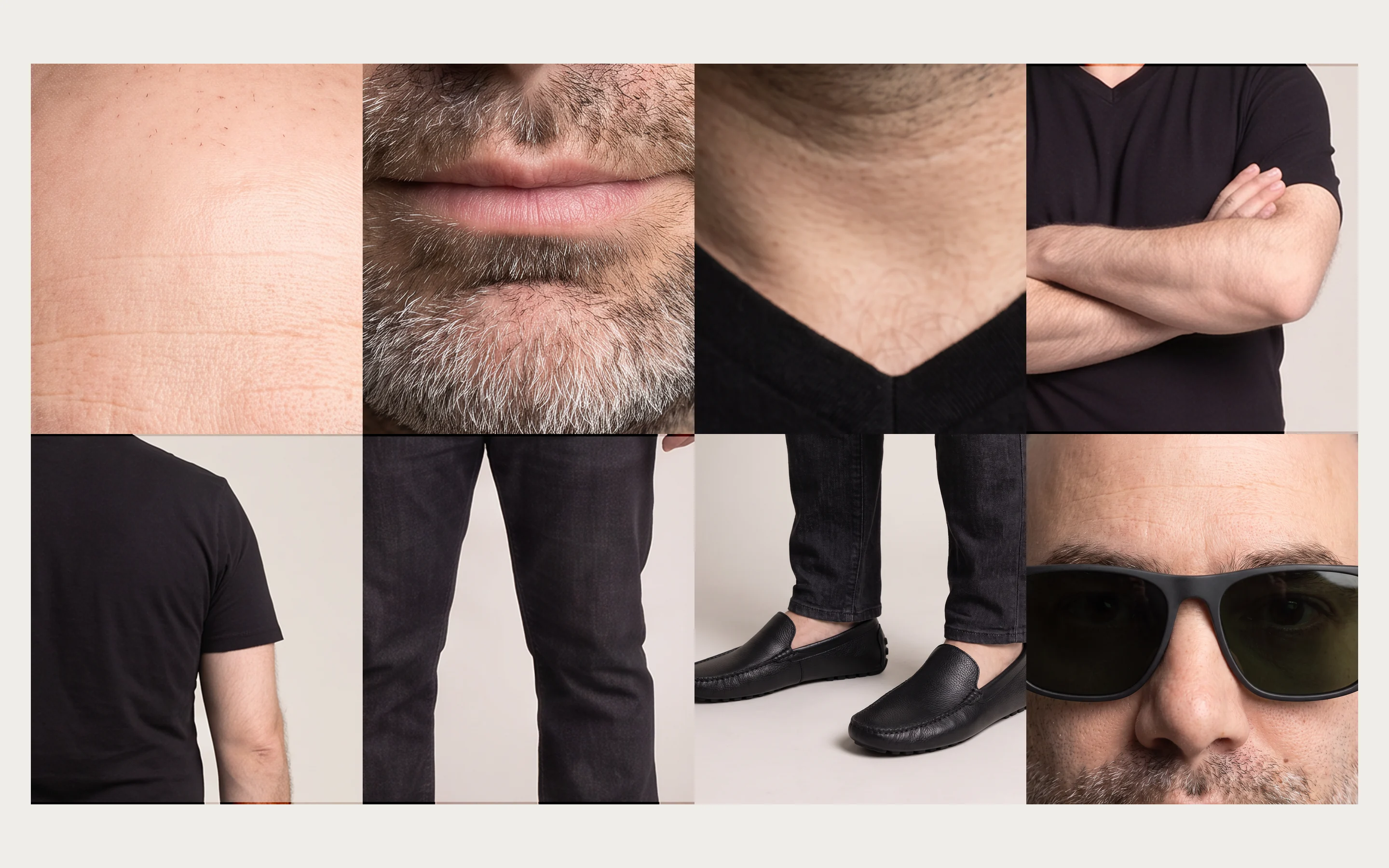 Costume and detail callouts: scalp, beard, v-neck collar, sleeve, back, trousers, loafers and sunglasses