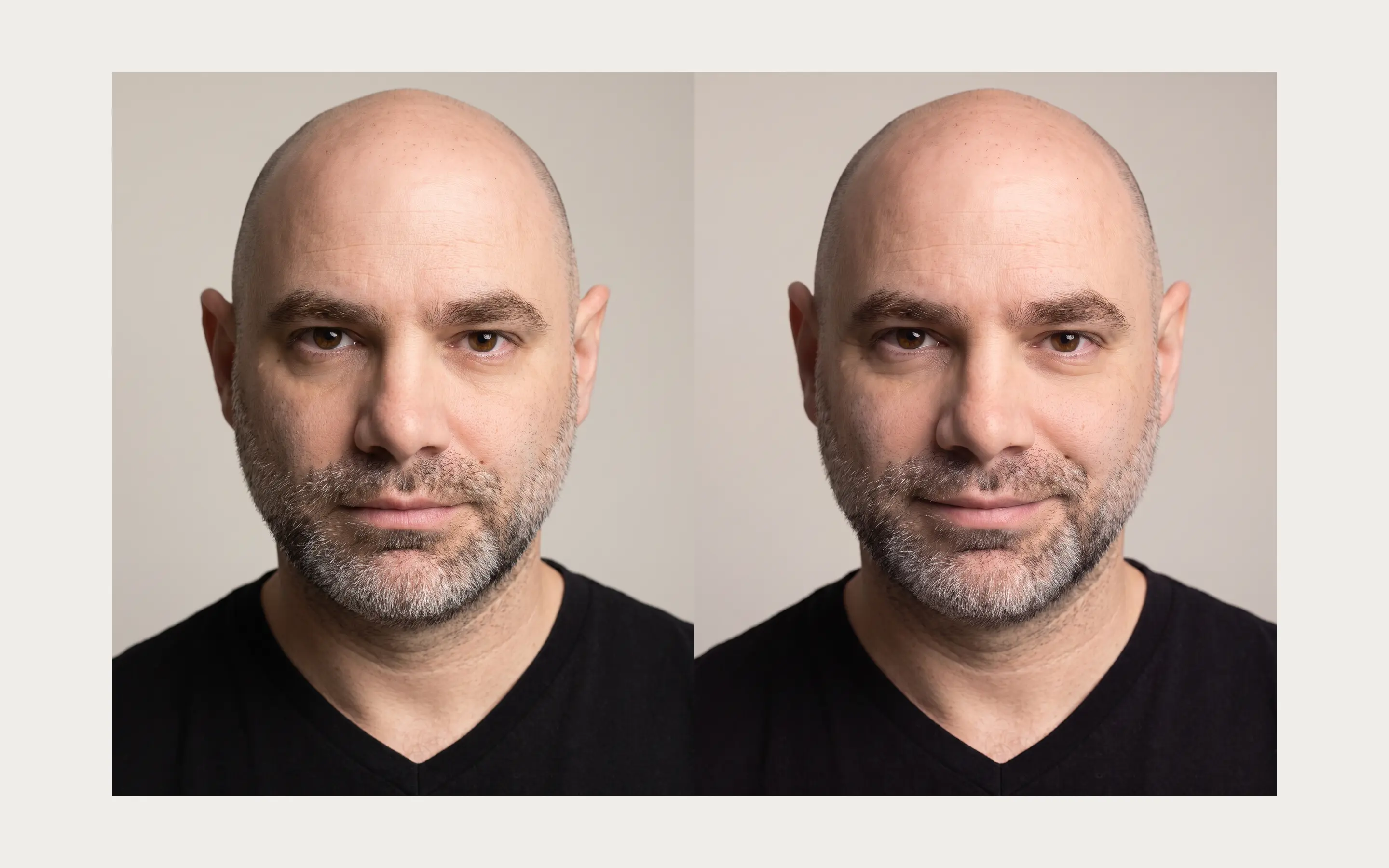 The two hero portraits side by side, neutral and subtle smile