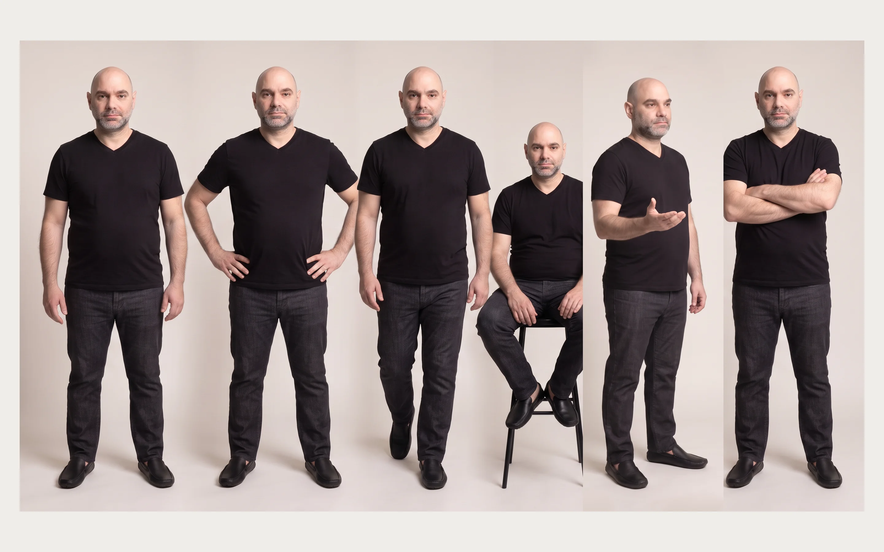 Pose studies: relaxed standing, hands on hips, walking, sitting on a stool, presenting and arms crossed