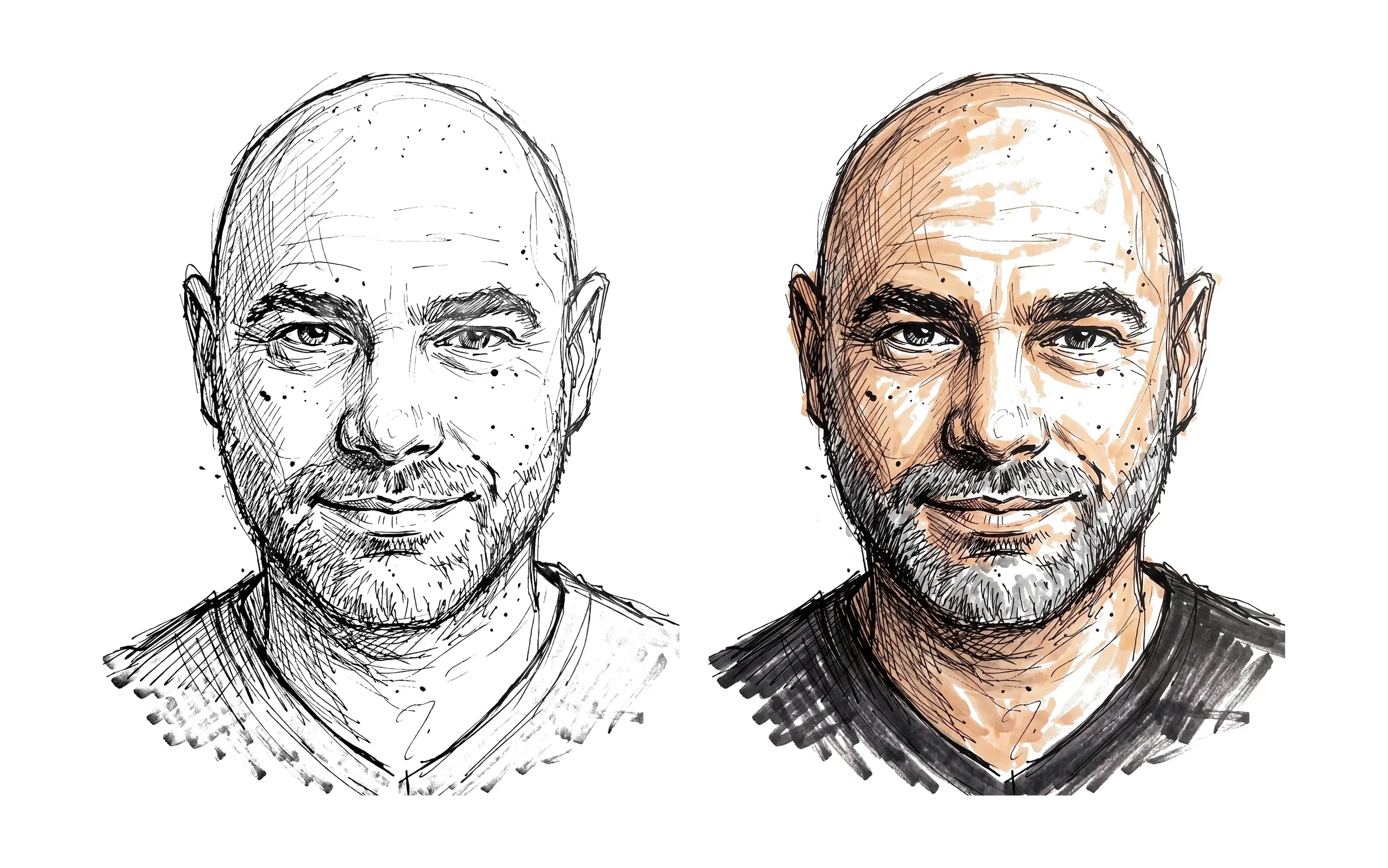 Dip pen sketch pair derived from the sheet: black ink outline and the same linework with marker colour