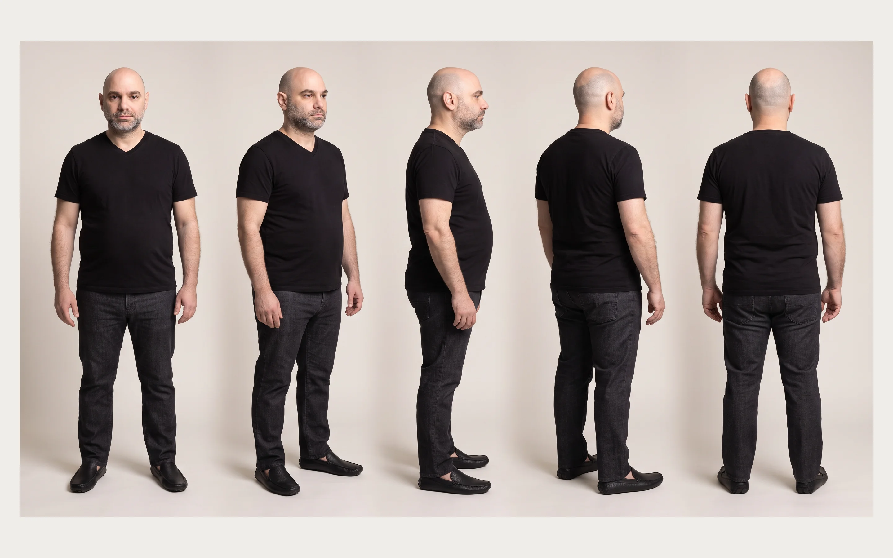 Full body turnaround: front, three quarter, profile, three quarter back and back views