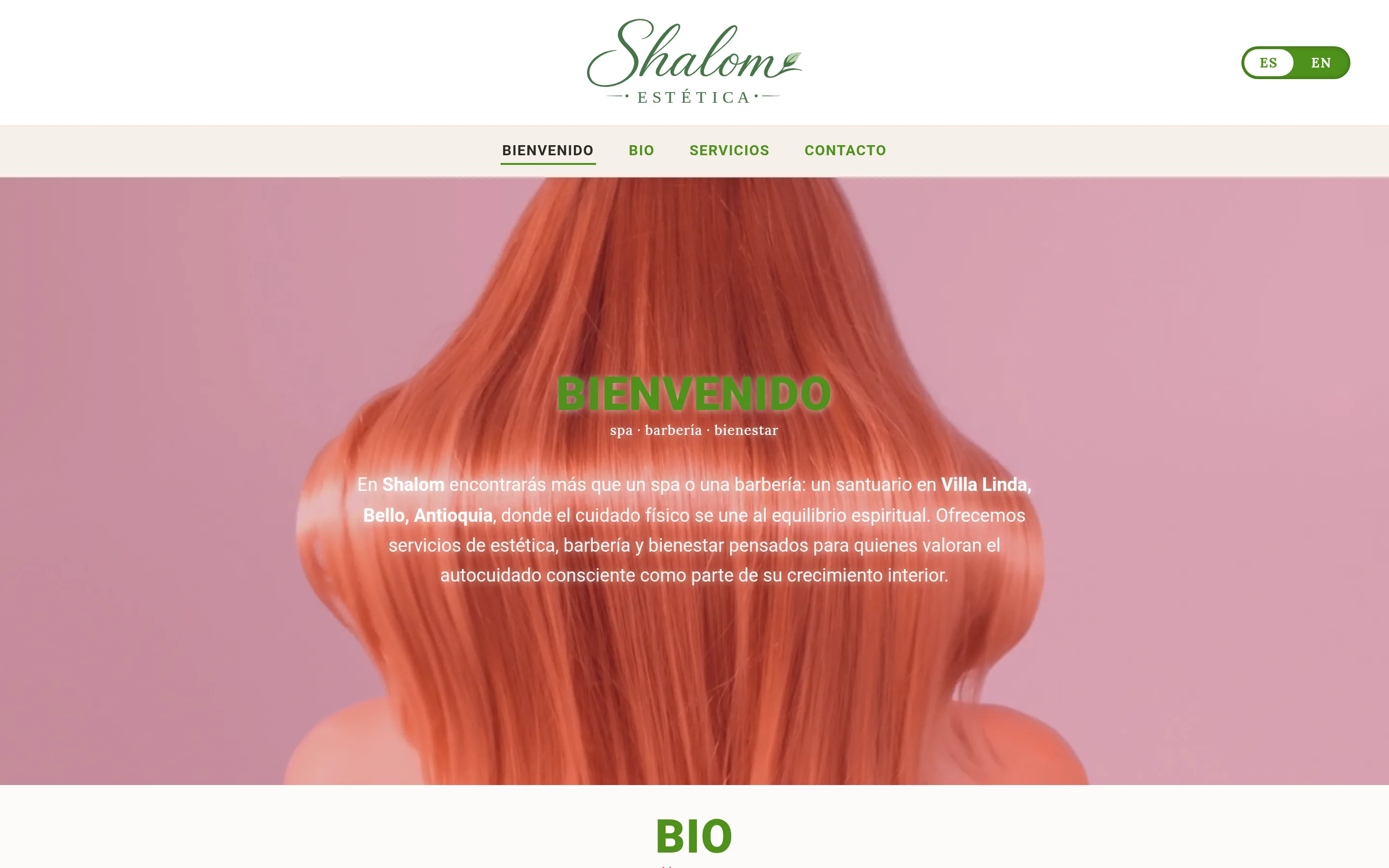 Shalom Estetica home page: logo, ES/EN toggle, and Bienvenido hero