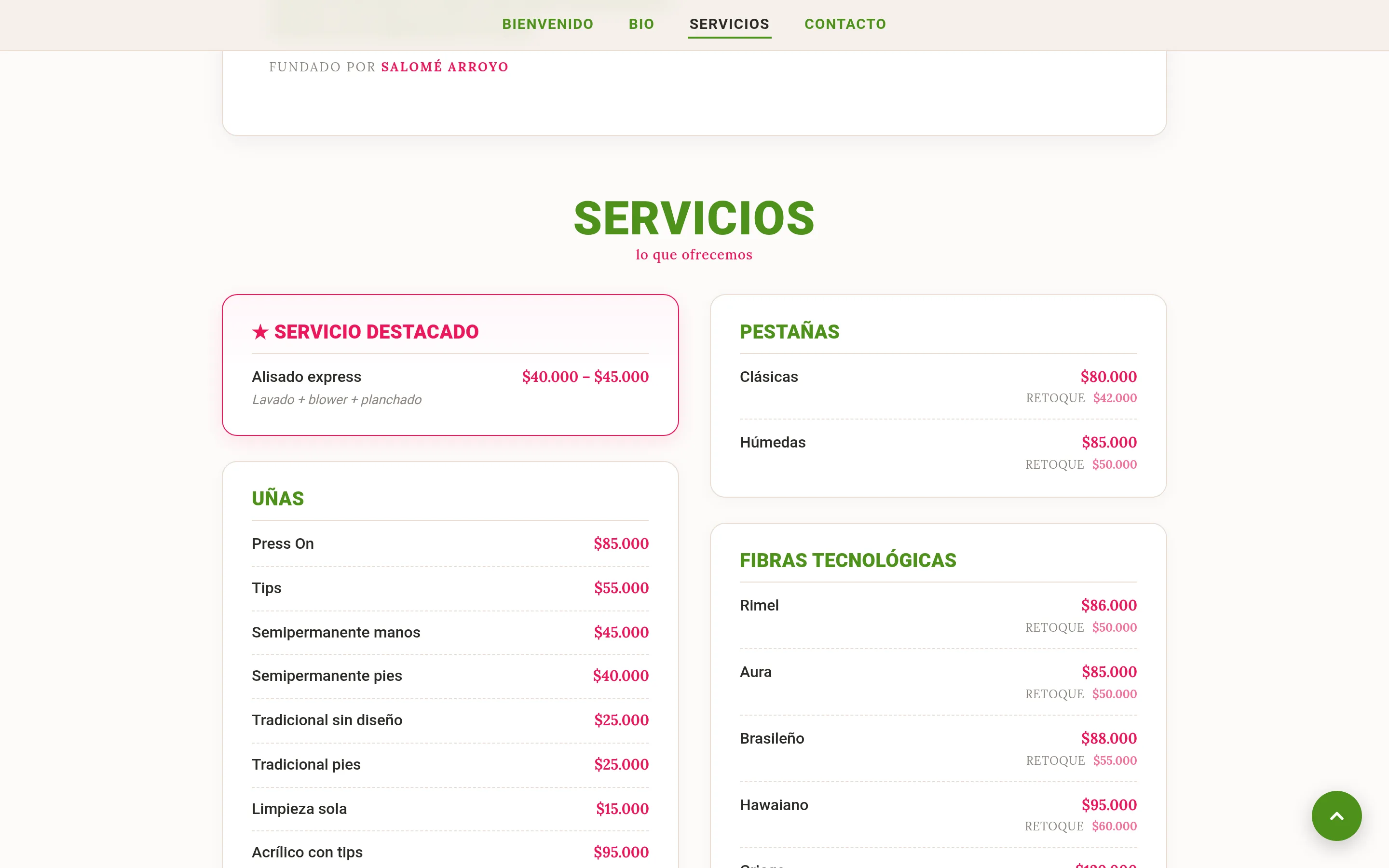 Servicios section: featured service and per-category pricing cards in Colombian pesos